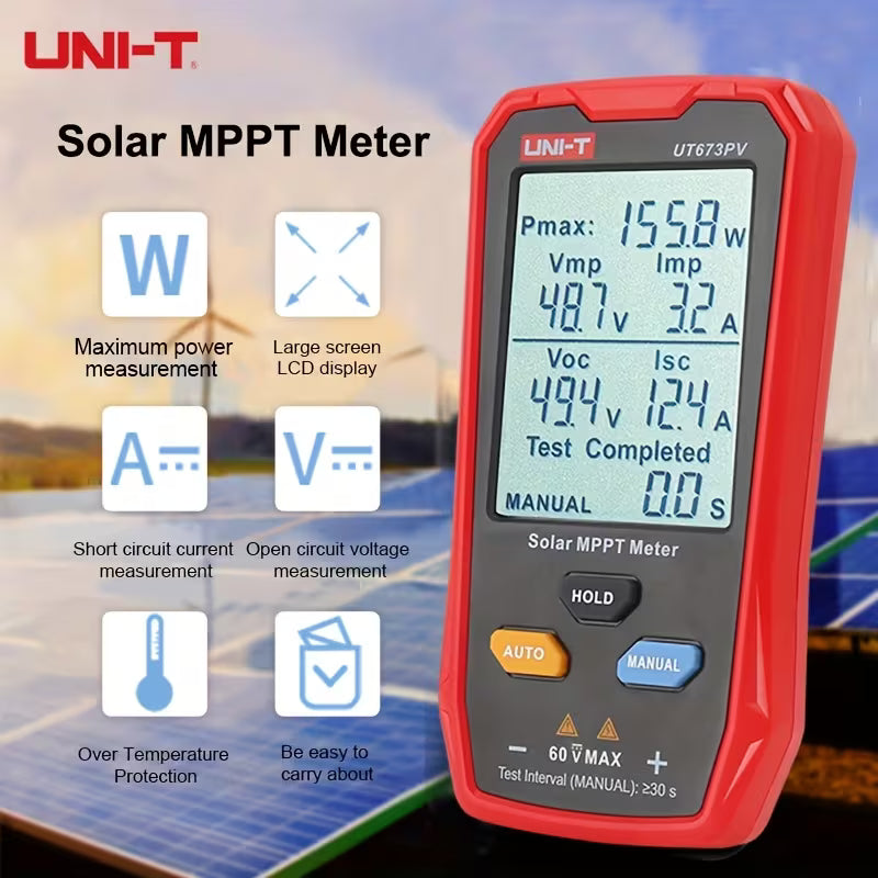 UNI-T 800W Solar Panel Tester with Large LCD – Smart MPPT Digital Photovoltaic Multimeter